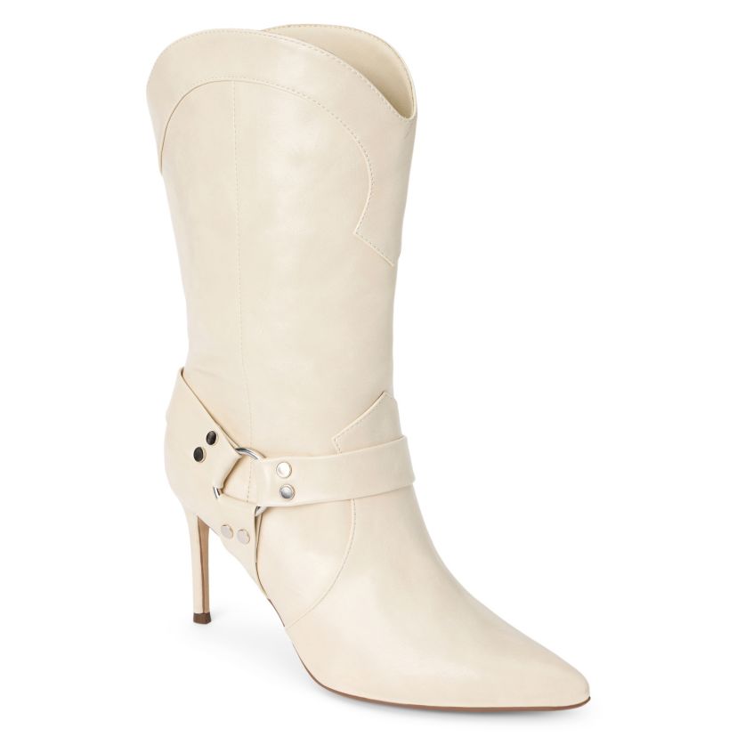 Vegan pointed toe stilhetto boot with harness detail.