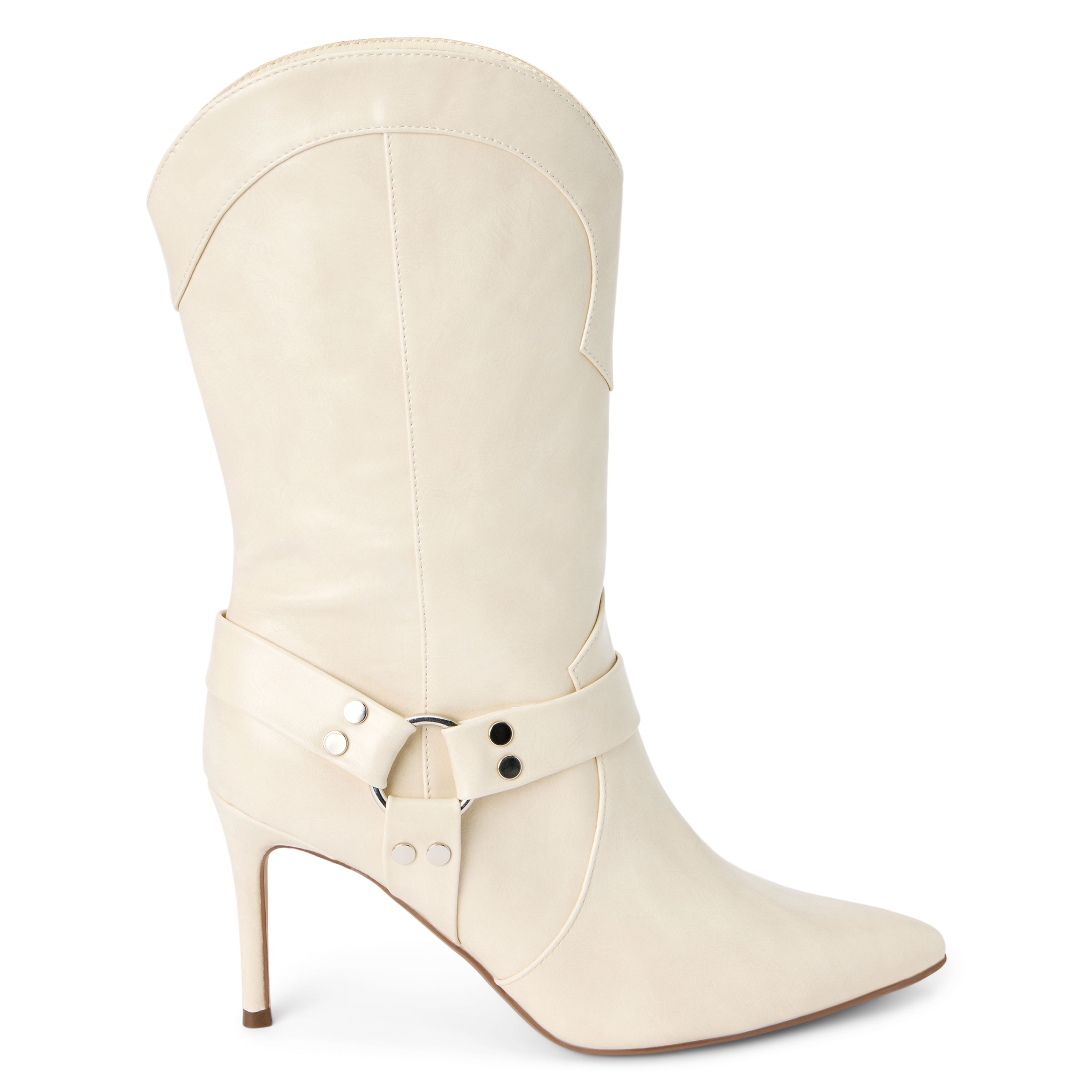 Vegan pointed toe stilhetto boot with harness detail.