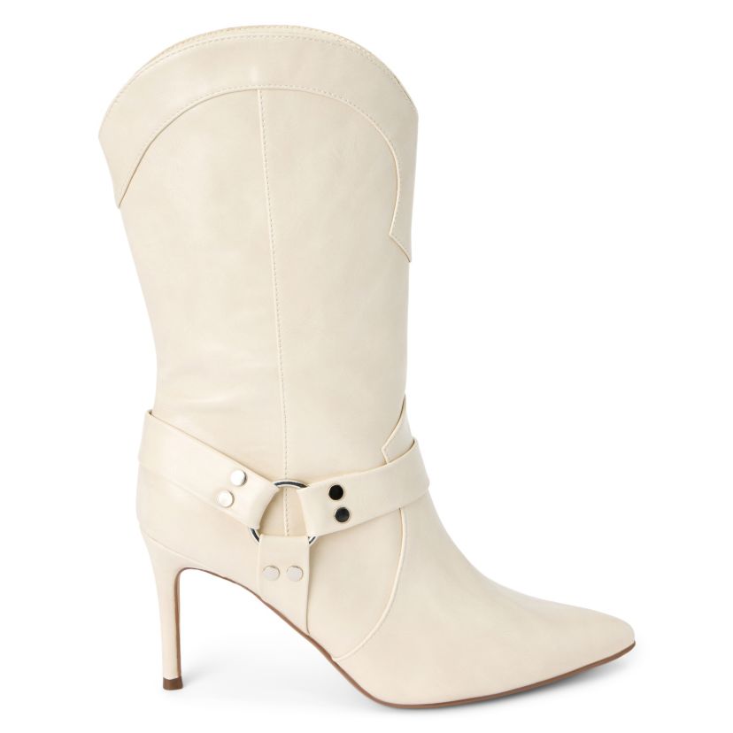 Vegan pointed toe stilhetto boot with harness detail.