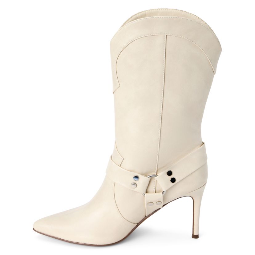 Vegan pointed toe stilhetto boot with harness detail.