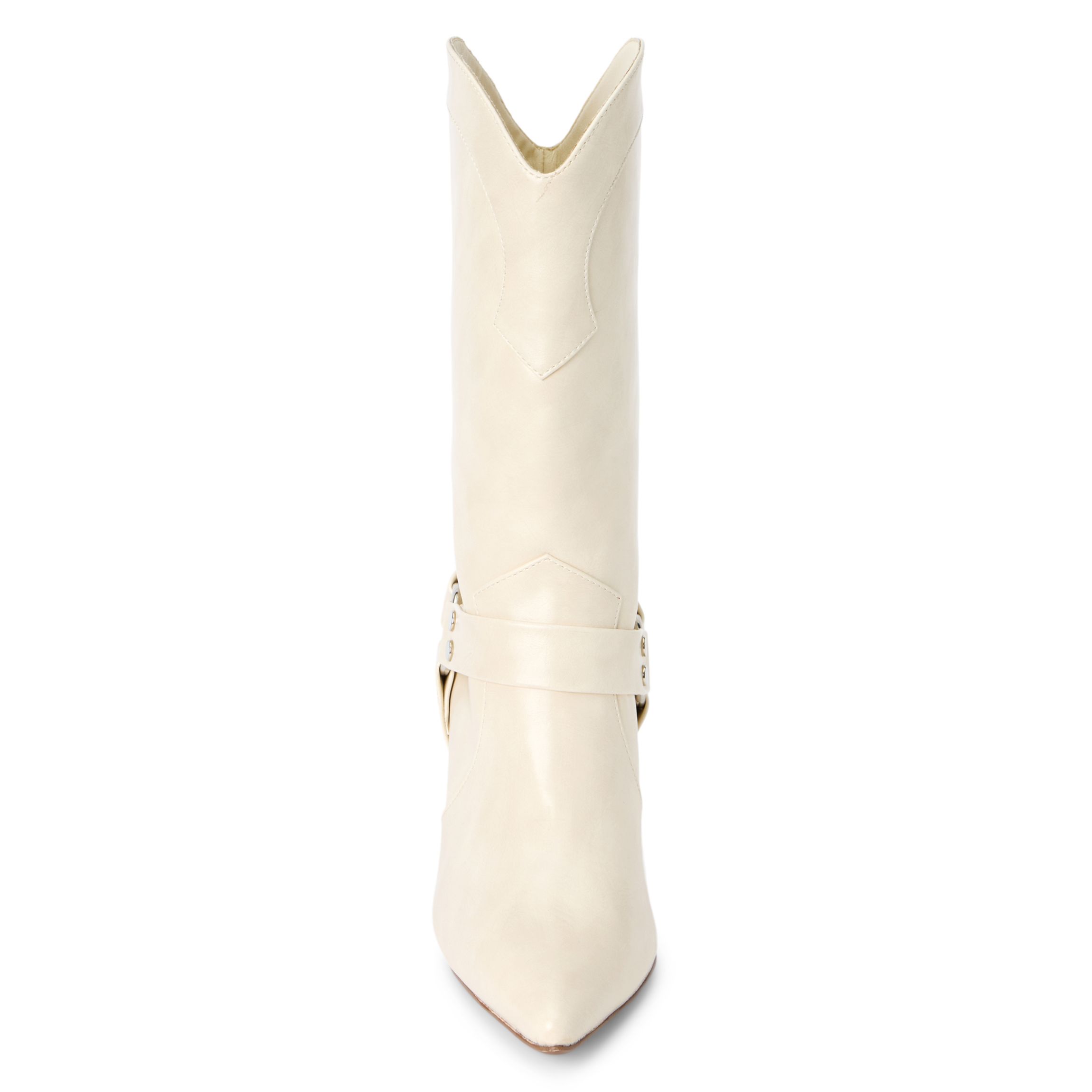 Vegan pointed toe stilhetto boot with harness detail.