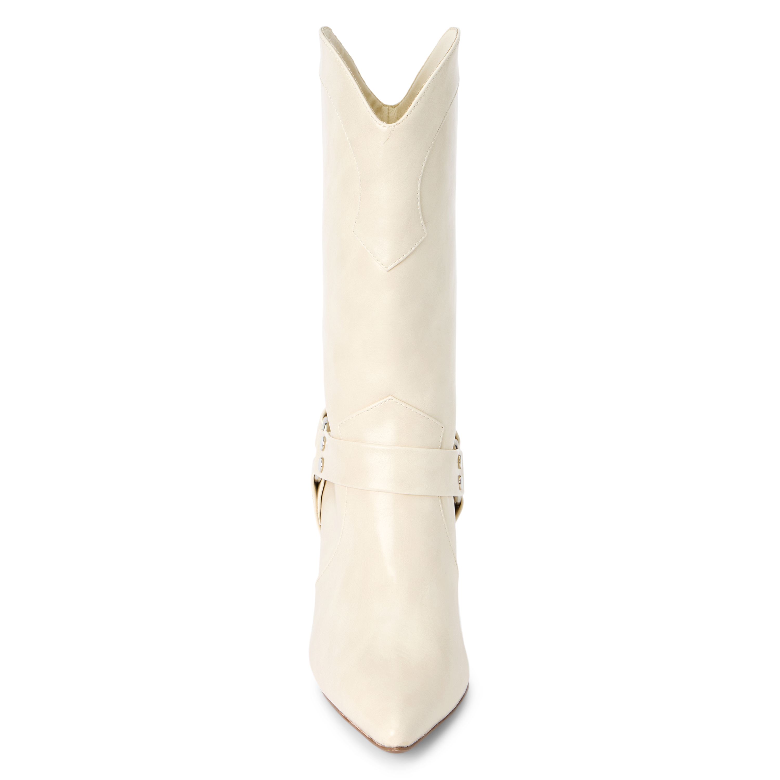 Vegan pointed toe stilhetto boot with harness detail.
