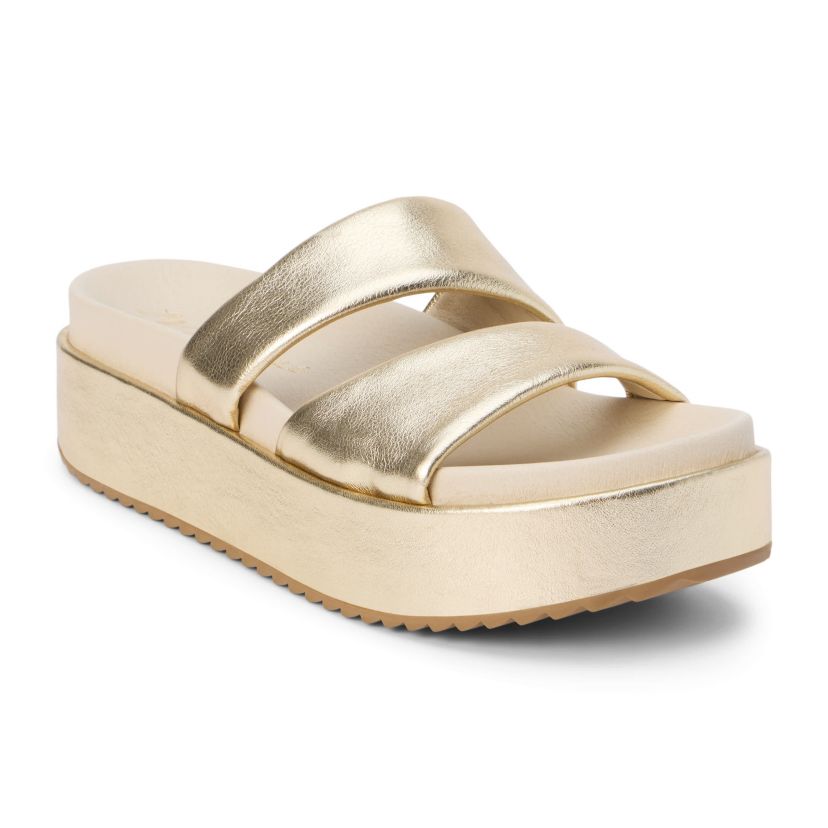 Platform sandal with two asymmetrical straps.
