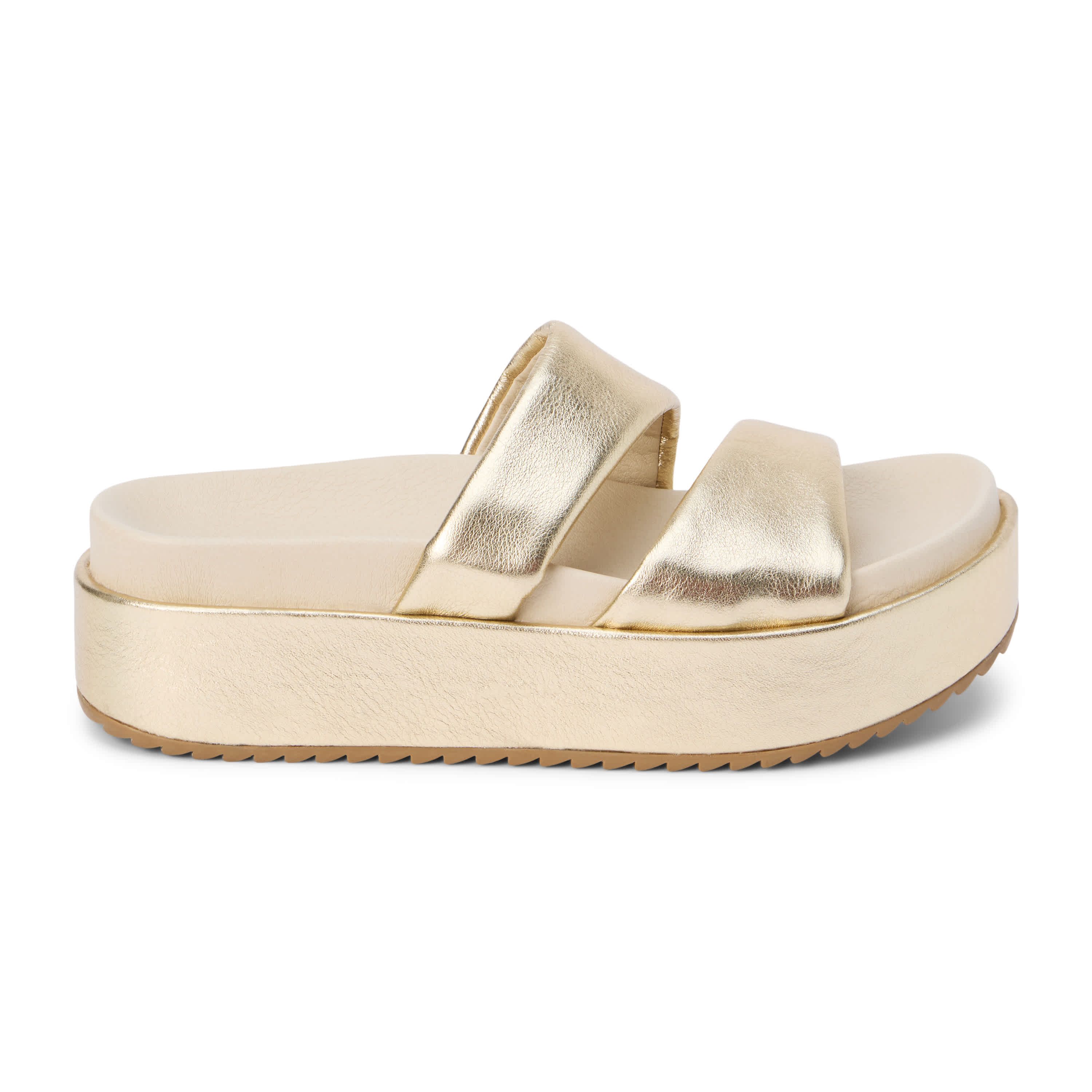 Platform sandal with two asymmetrical straps.