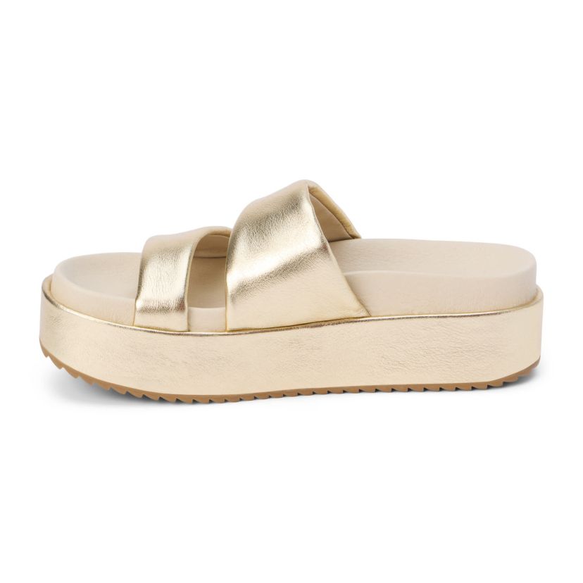 Platform sandal with two asymmetrical straps.