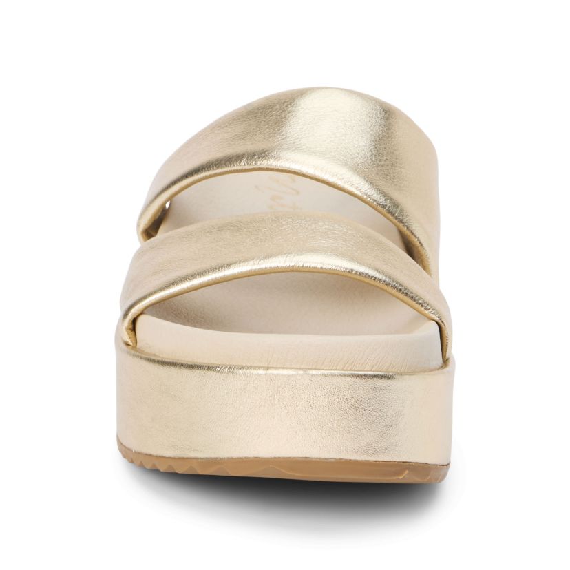 Platform sandal with two asymmetrical straps.