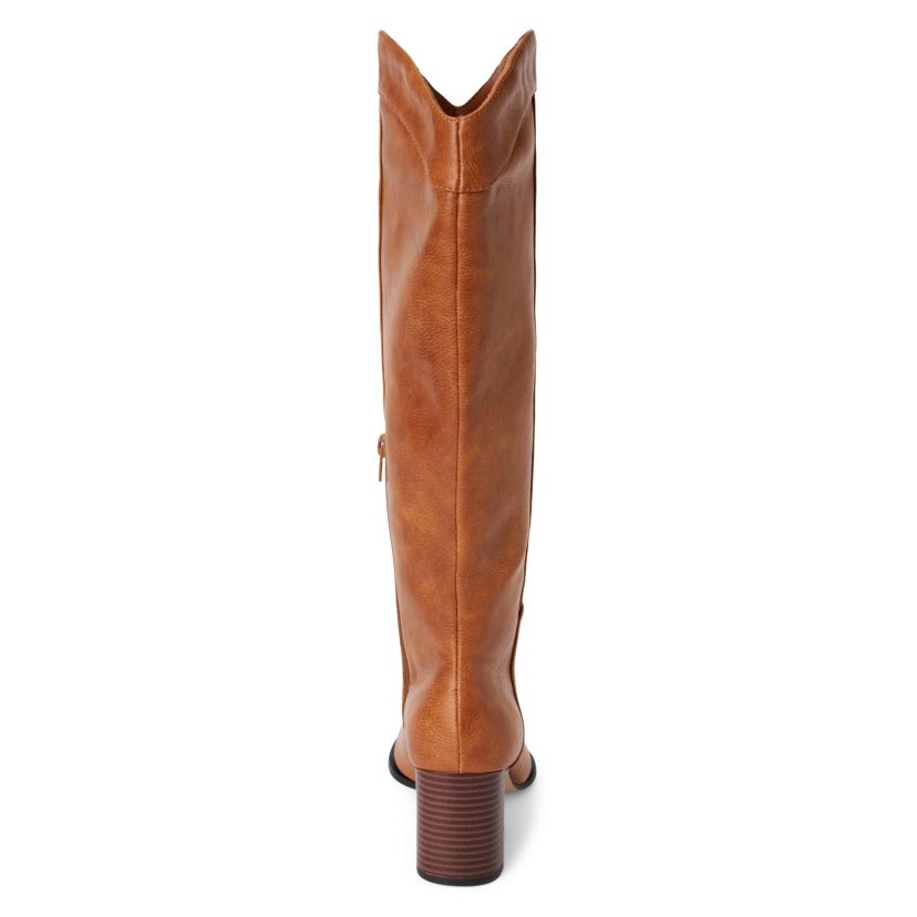 Knee high western-inspired boot on straight heel.