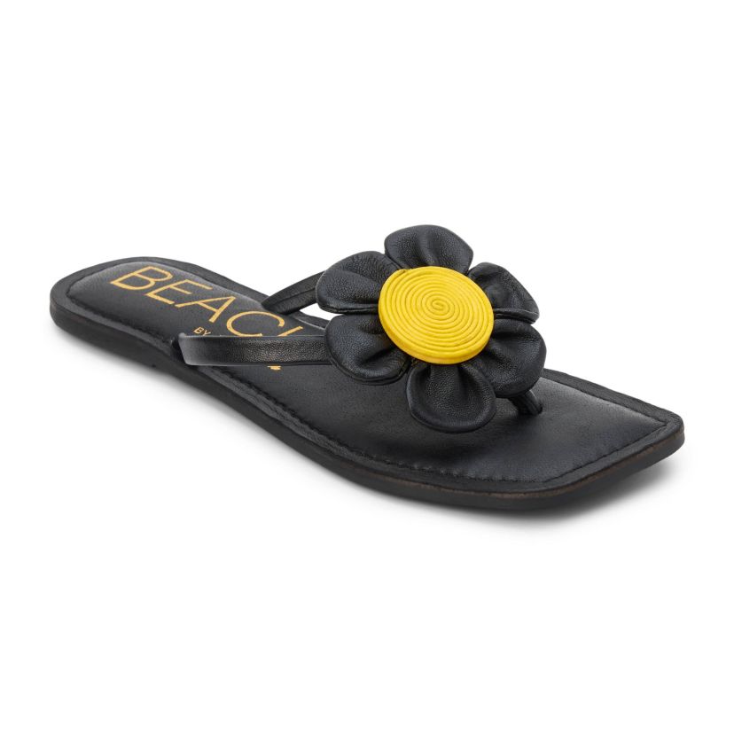 Square toe flip flop sandal with flower appliqué.