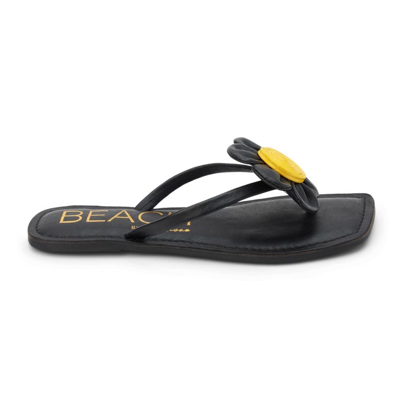 Square toe flip flop sandal with flower appliqué.