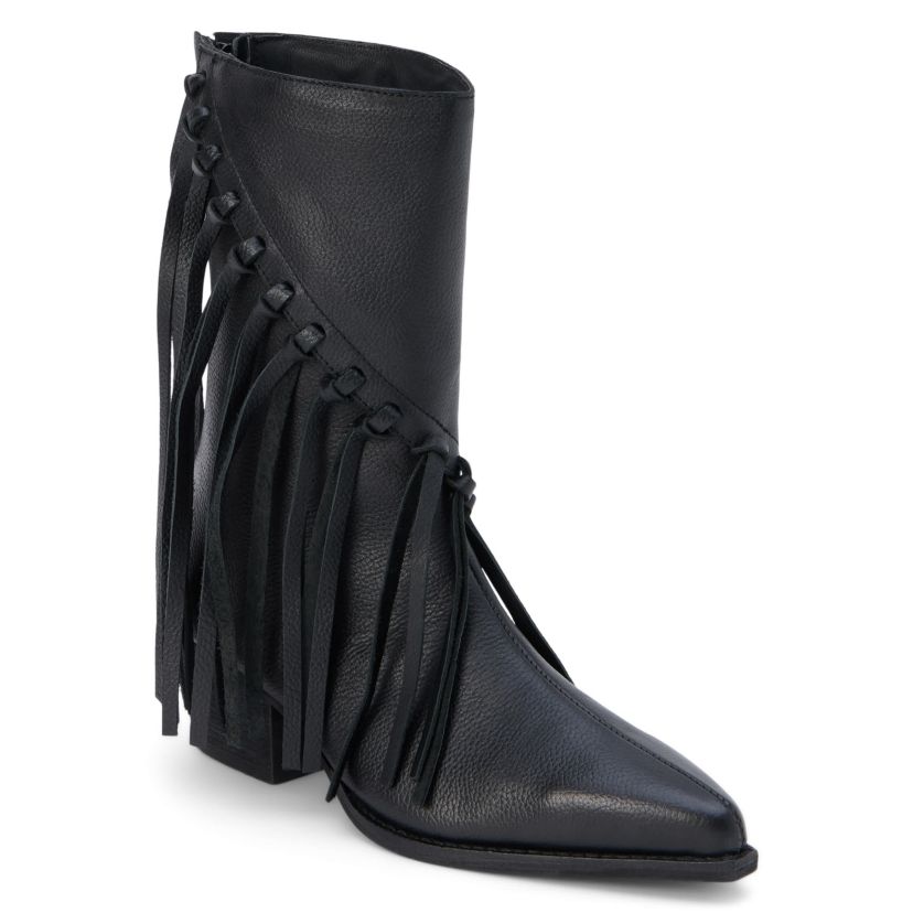 Western-inspired mid-calf boot with fringe detail.