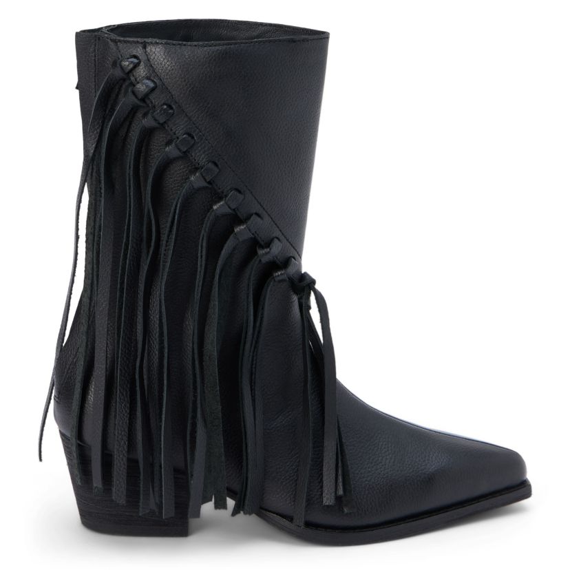 Western-inspired mid-calf boot with fringe detail.