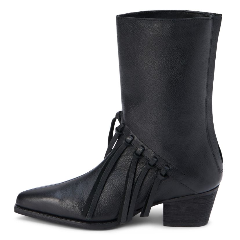 Western-inspired mid-calf boot with fringe detail.