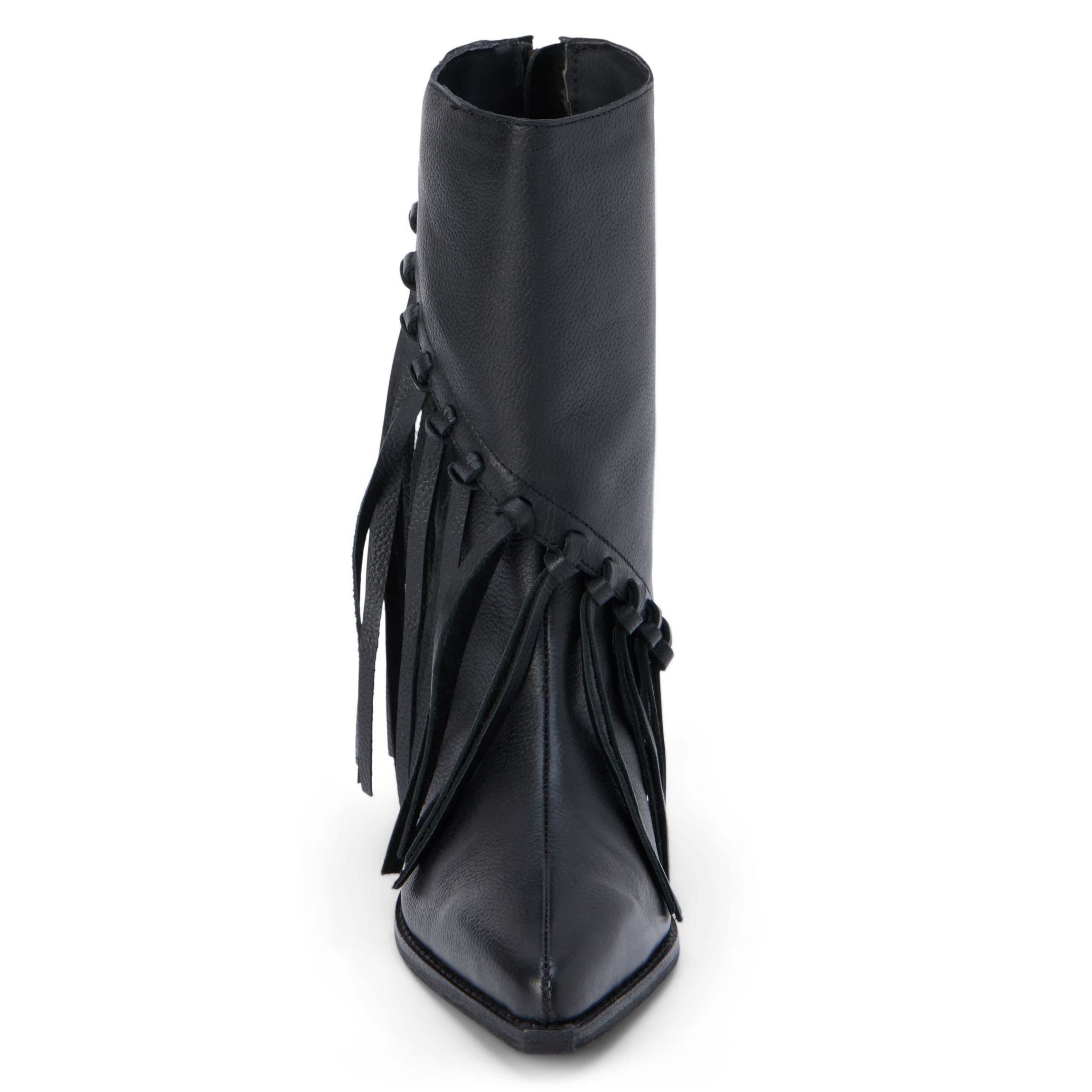 Western-inspired mid-calf boot with fringe detail.