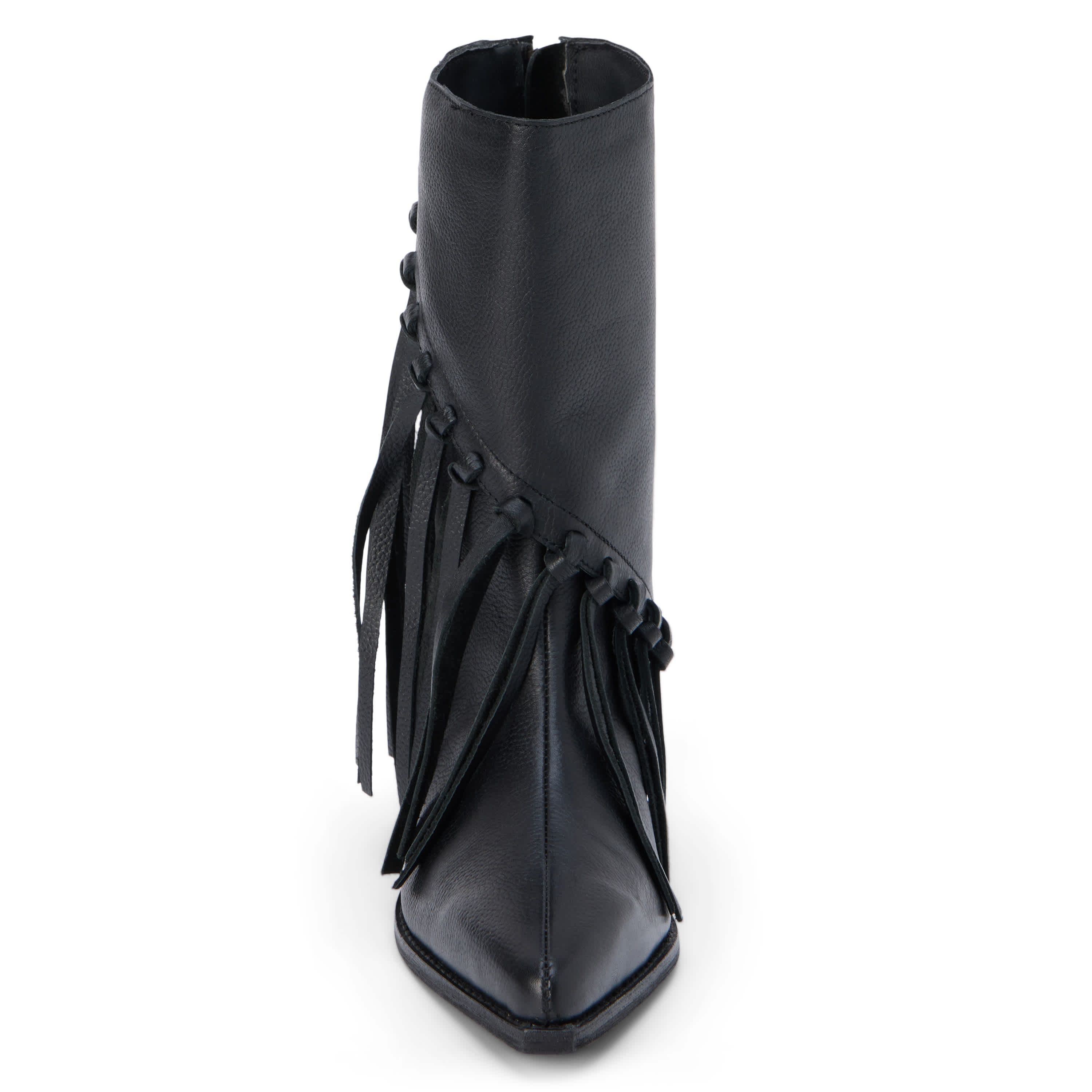 Western-inspired mid-calf boot with fringe detail.