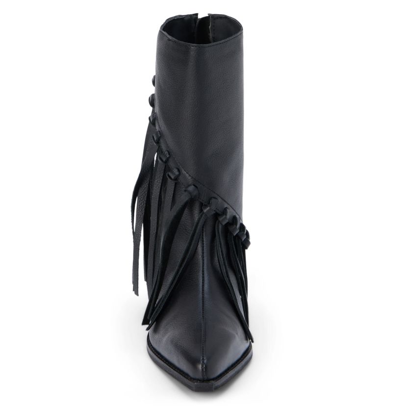 Western-inspired mid-calf boot with fringe detail.