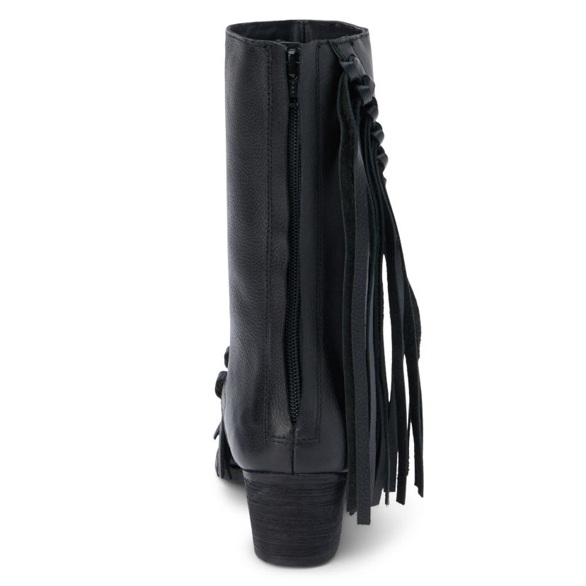 Western-inspired mid-calf boot with fringe detail.