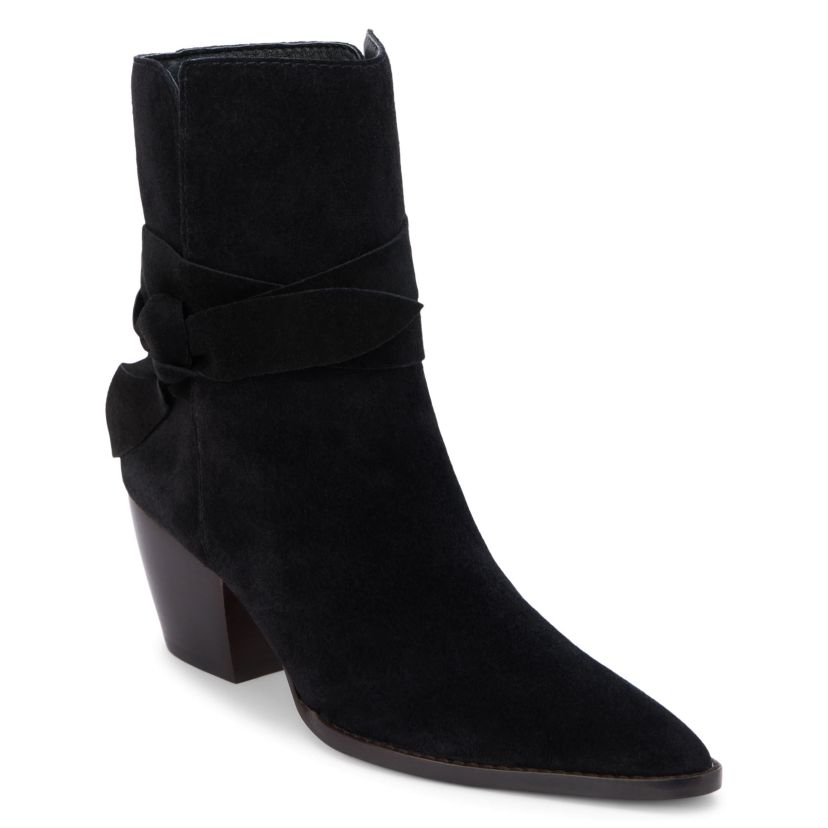 Western-inspired ankle boot with wrap tie detail.