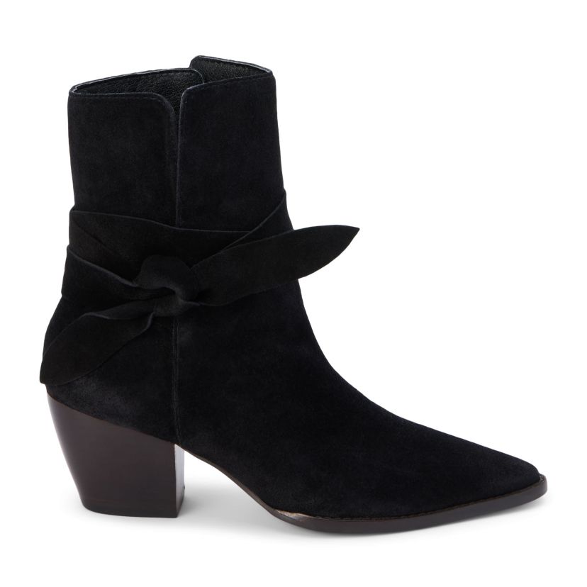 Western-inspired ankle boot with wrap tie detail.