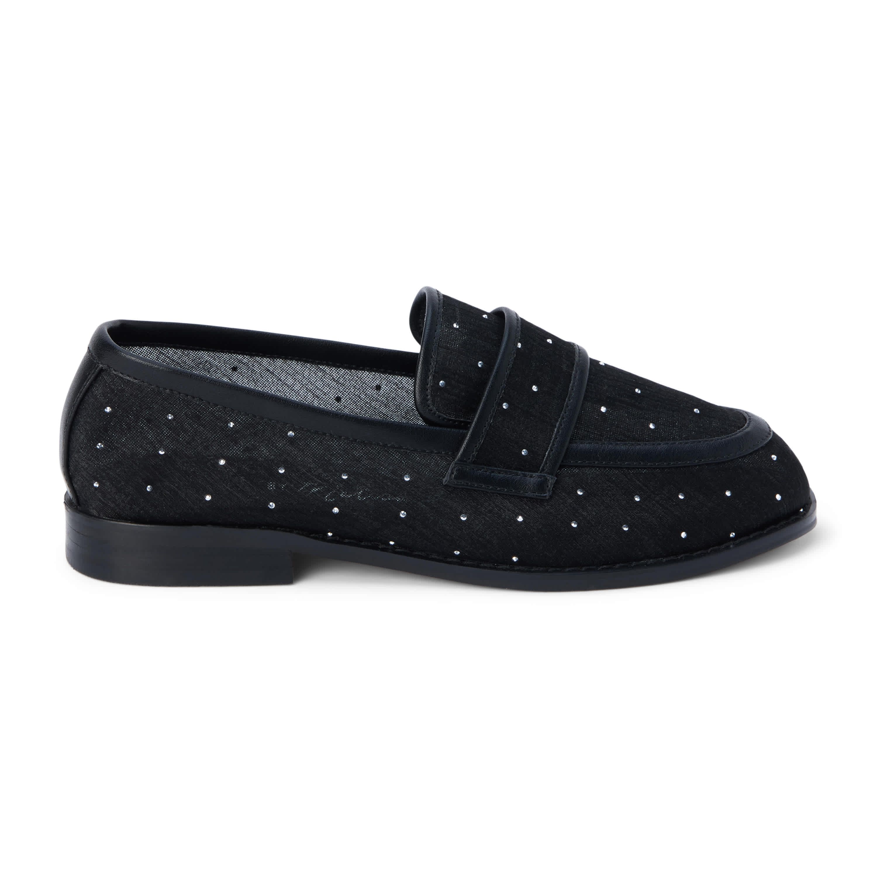 Vegan mesh loafer with rhinestone detail.