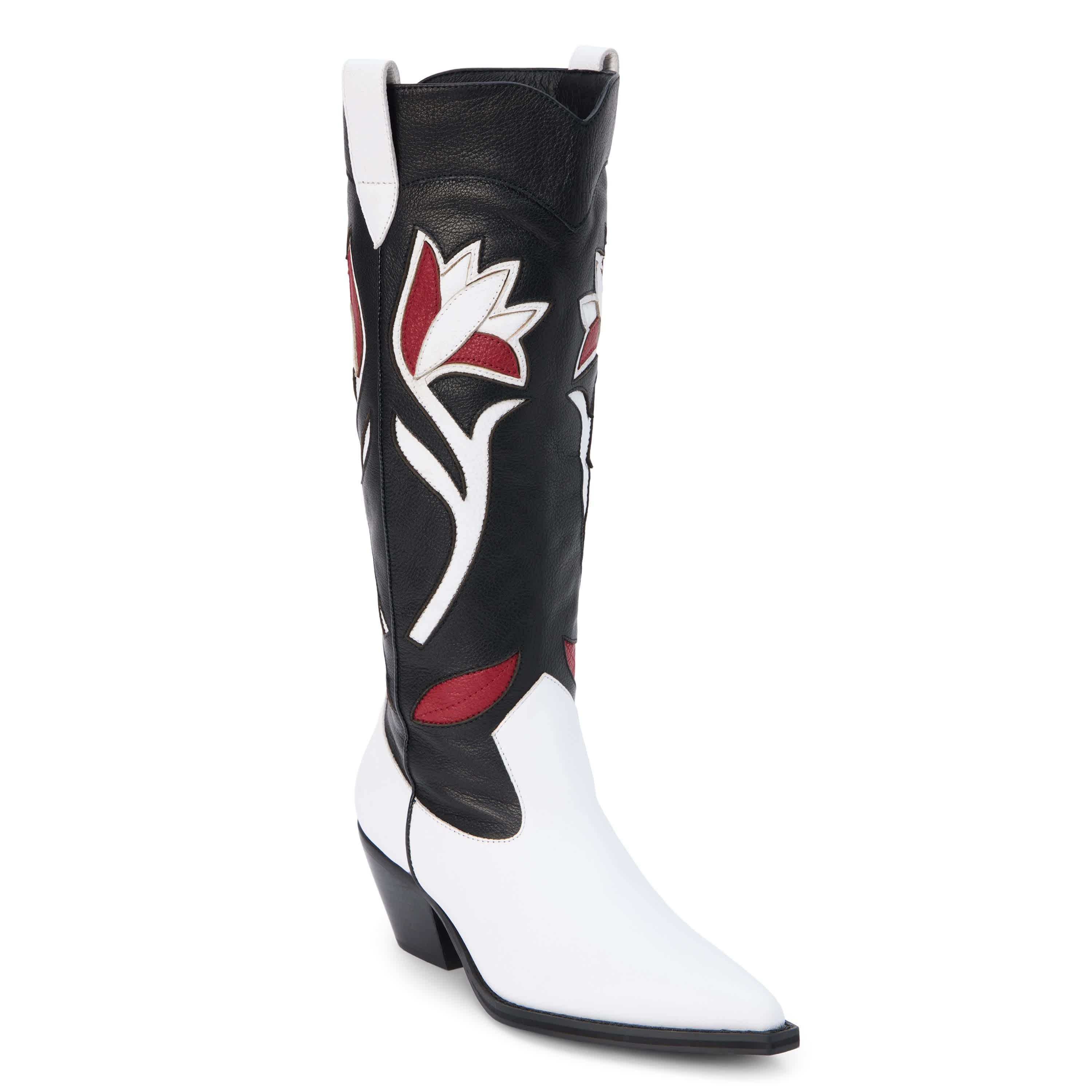 Western-inspired knee high boot with floral inlay.