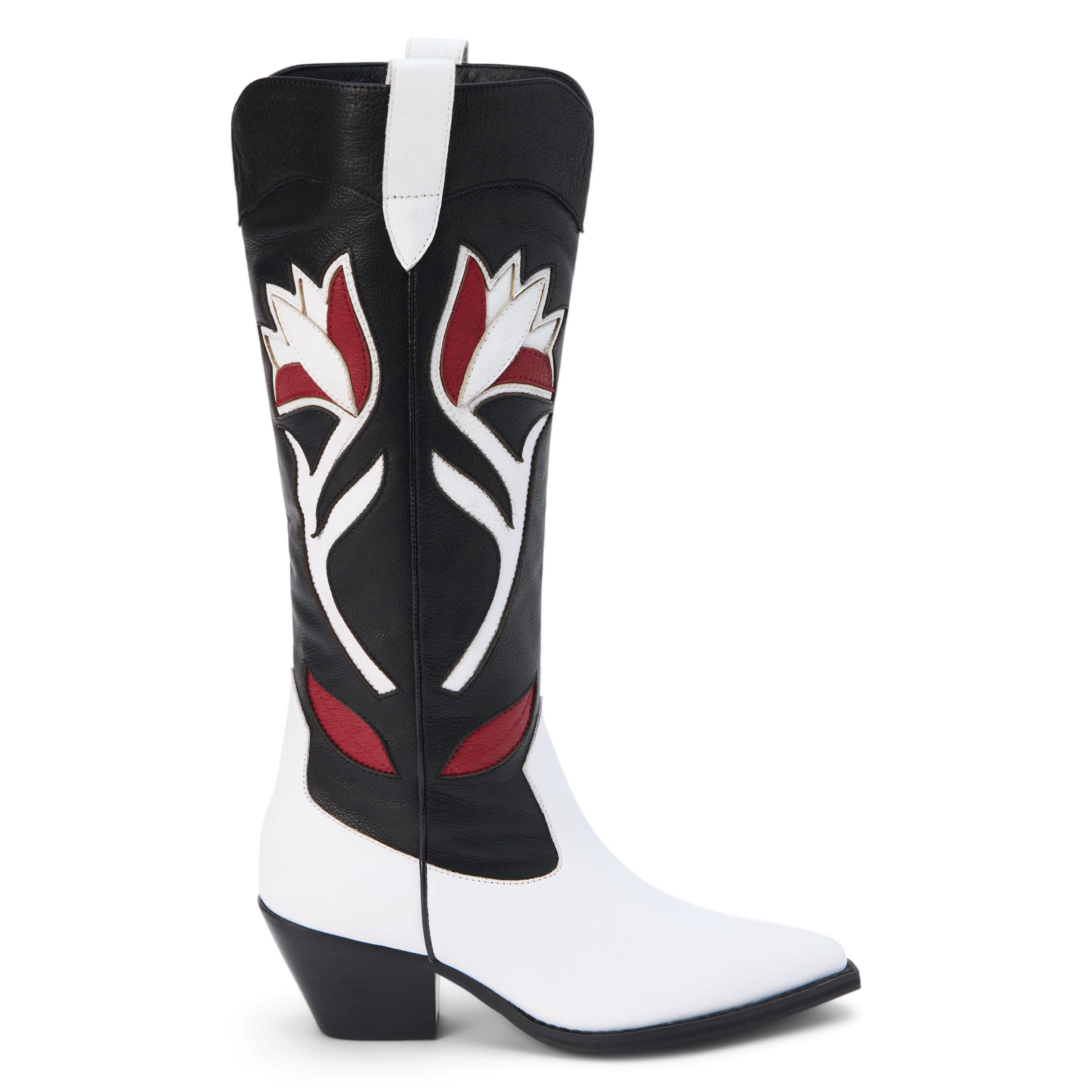Western-inspired knee high boot with floral inlay.
