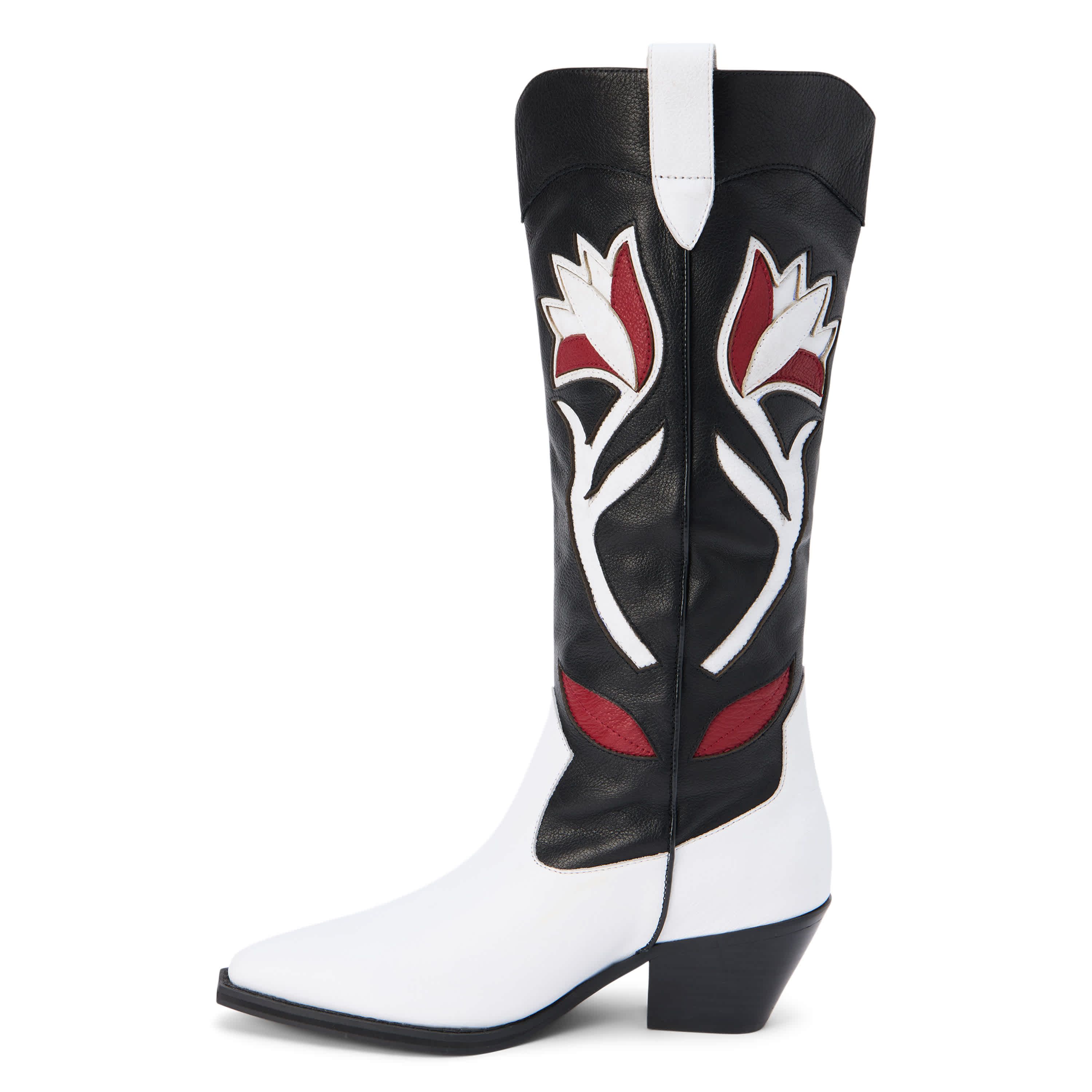 Western-inspired knee high boot with floral inlay.