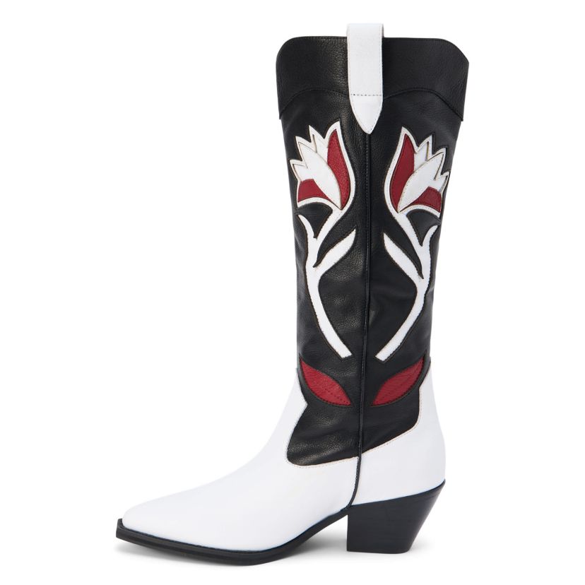 Western-inspired knee high boot with floral inlay.