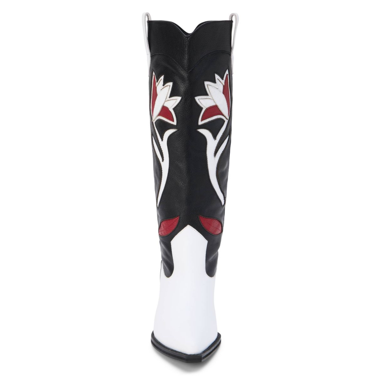 Western-inspired knee high boot with floral inlay.