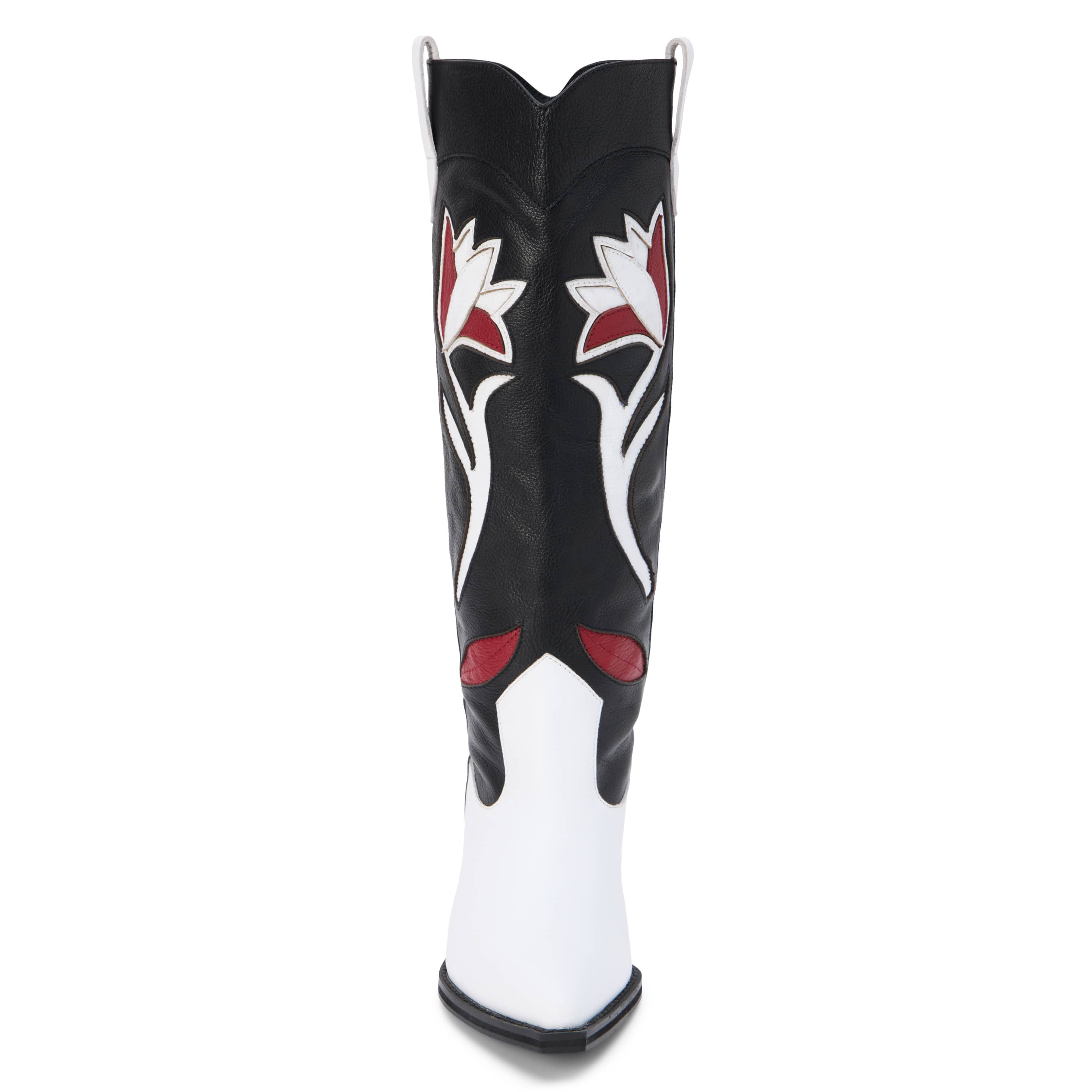 Western-inspired knee high boot with floral inlay.