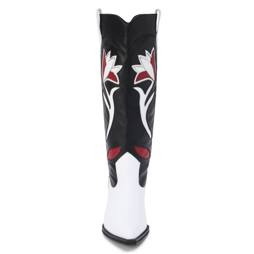 Western-inspired knee high boot with floral inlay.