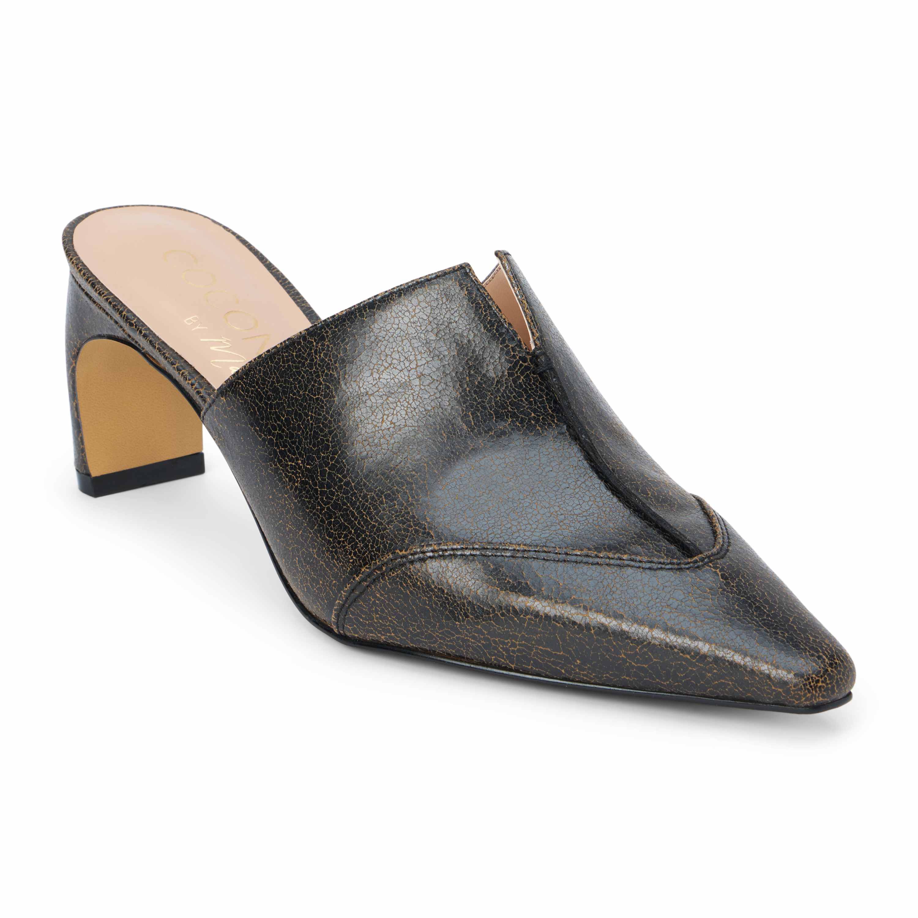 Vegan mule with architectural heel.