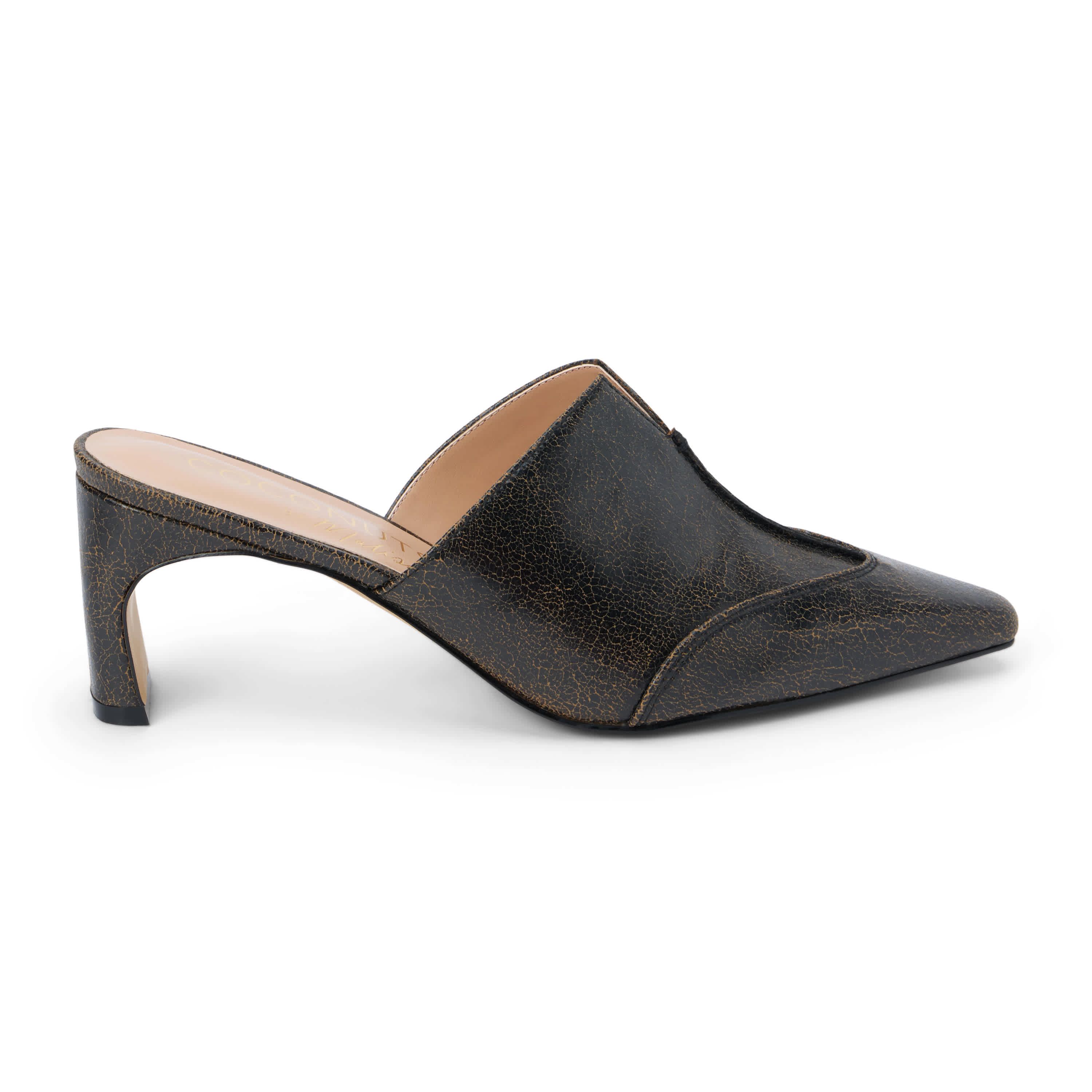 Vegan mule with architectural heel.