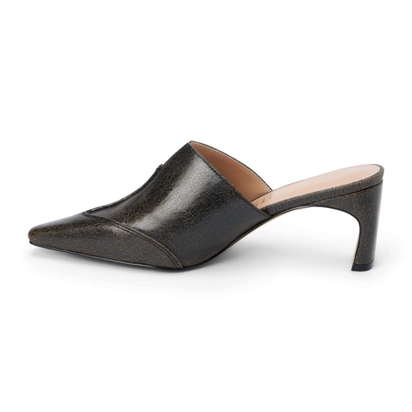 Vegan mule with architectural heel.