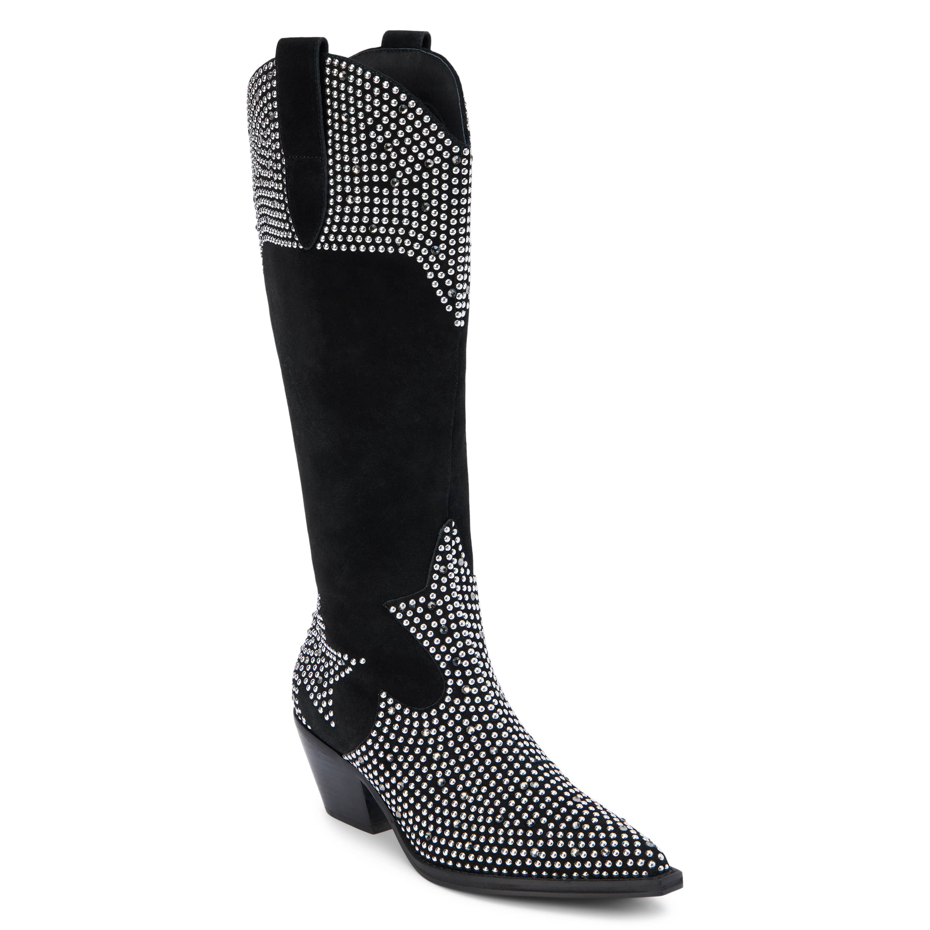 Western-inspired knee high boot with stud detail.
