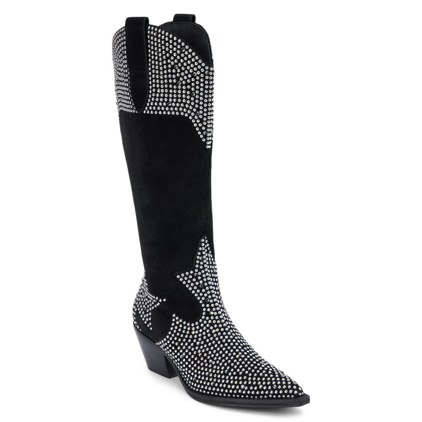 Western-inspired knee high boot with stud detail.
