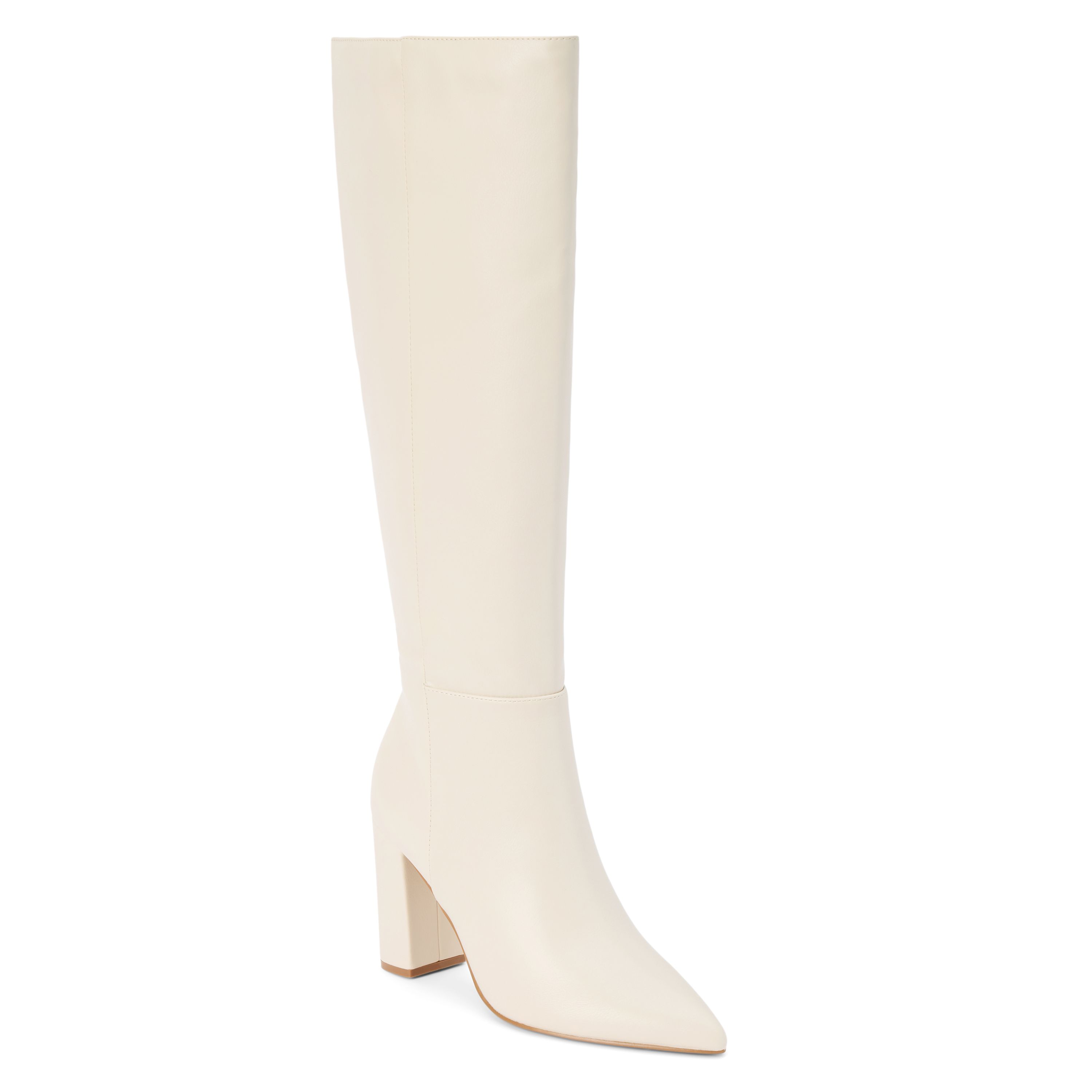 Vegan knee high boot on block heel.