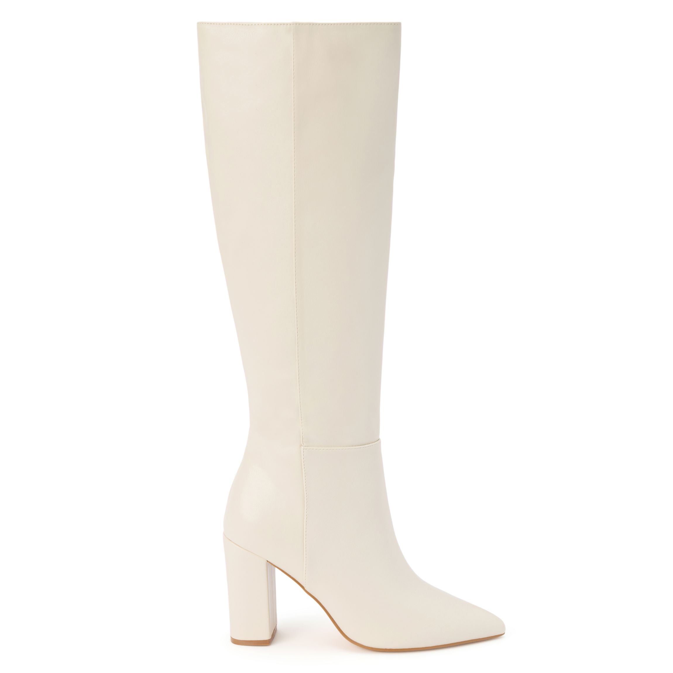 Vegan knee high boot on block heel.