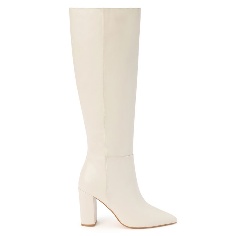 Vegan knee high boot on block heel.