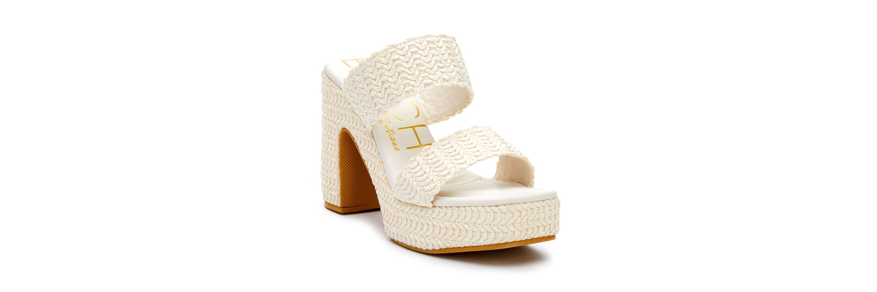 Vegan, two band platform with squared off toe.