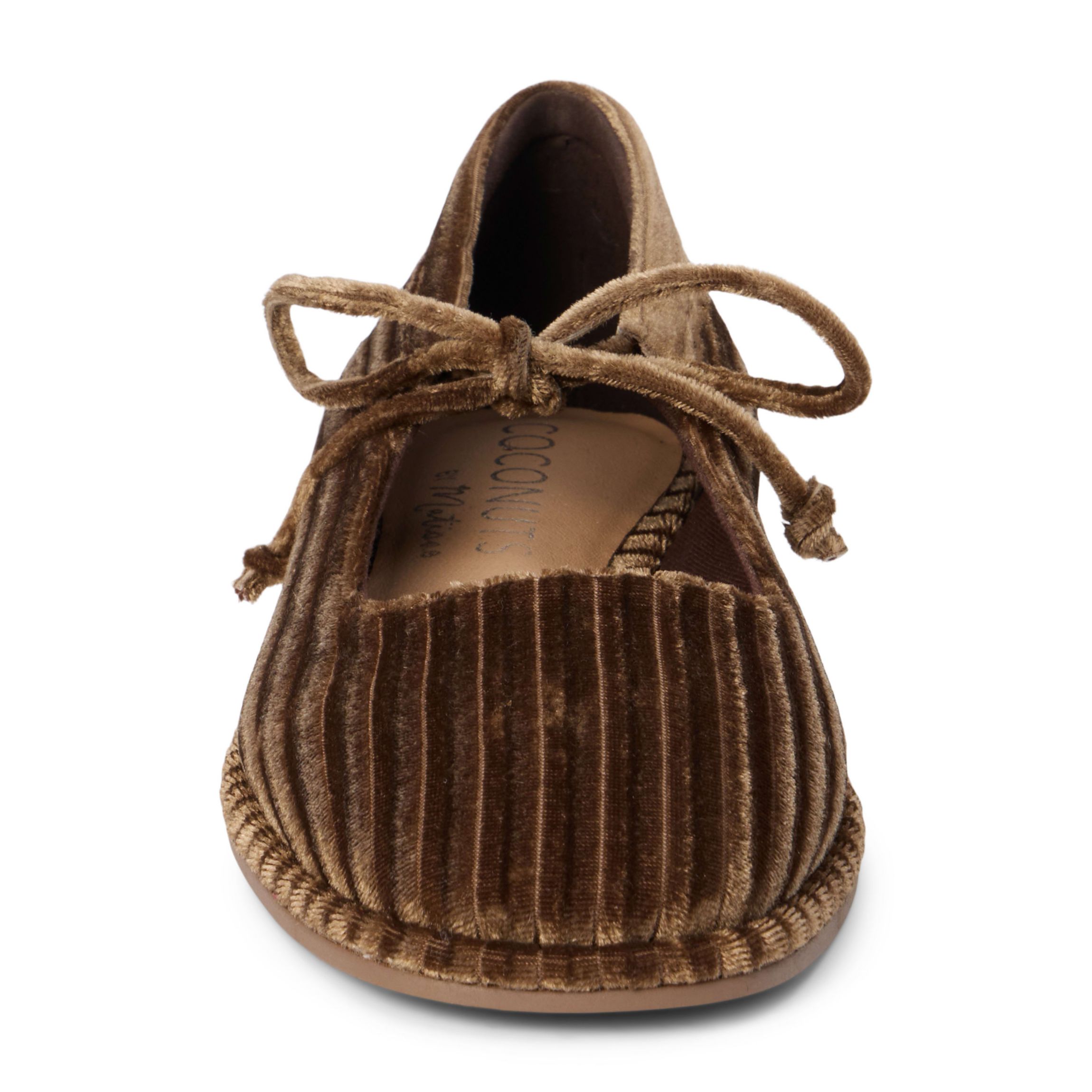 Vegan ballet flat with ankle tie detail.