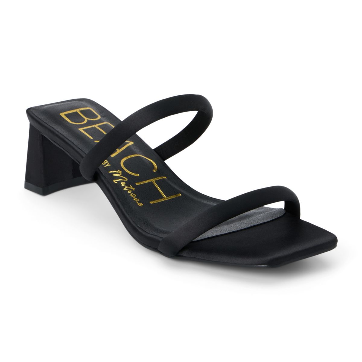 Vegan two-band sandal on slender block heel.