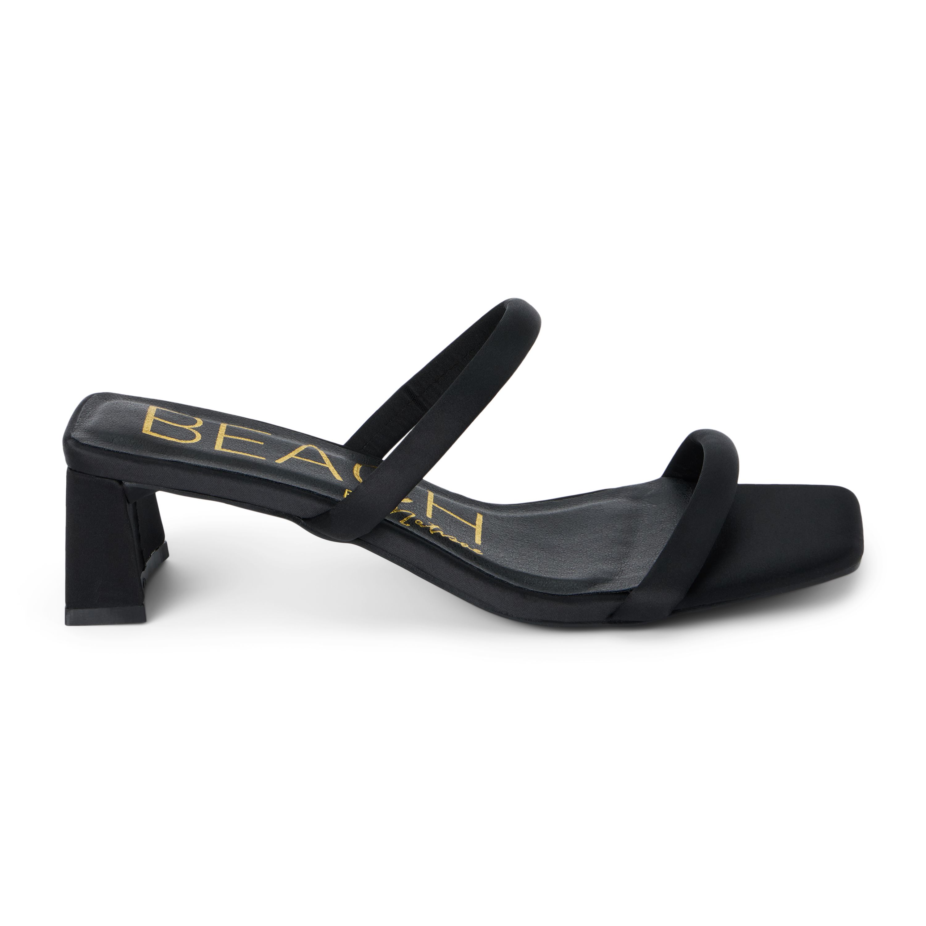 Vegan two-band sandal on slender block heel.