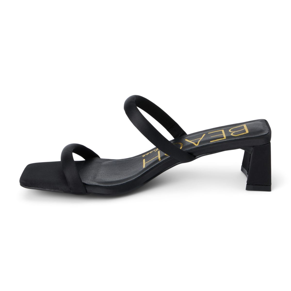 Vegan two-band sandal on slender block heel.