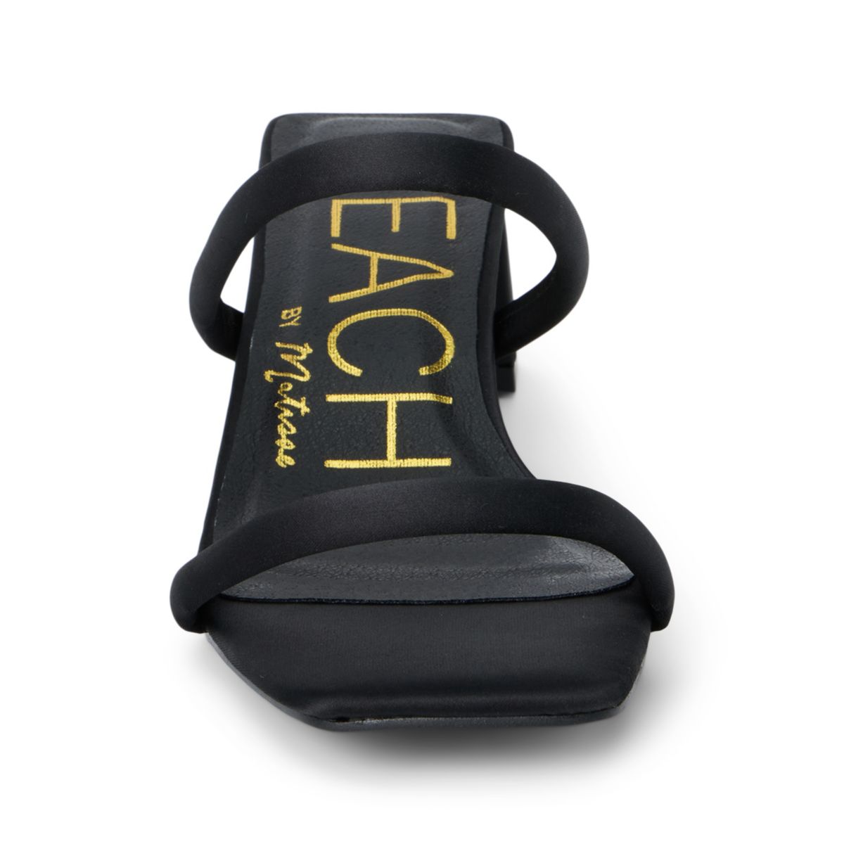 Vegan two-band sandal on slender block heel.