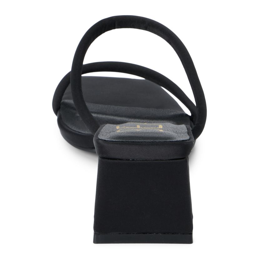 Vegan two-band sandal on slender block heel.