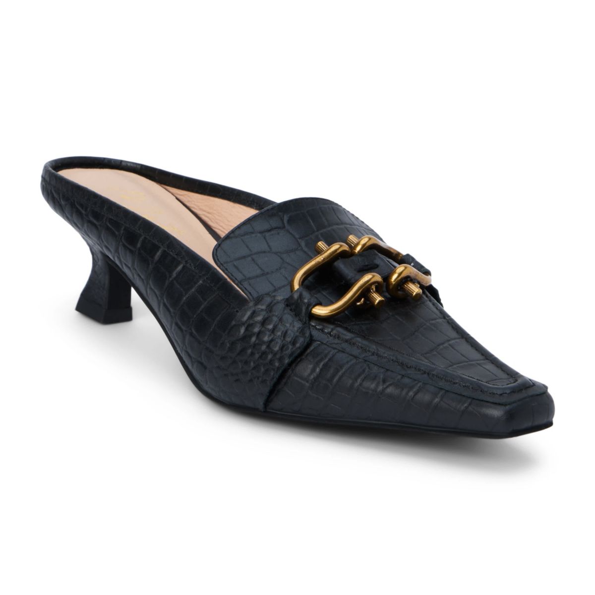 Pointed toe, kitten heel mule with hardware detail.