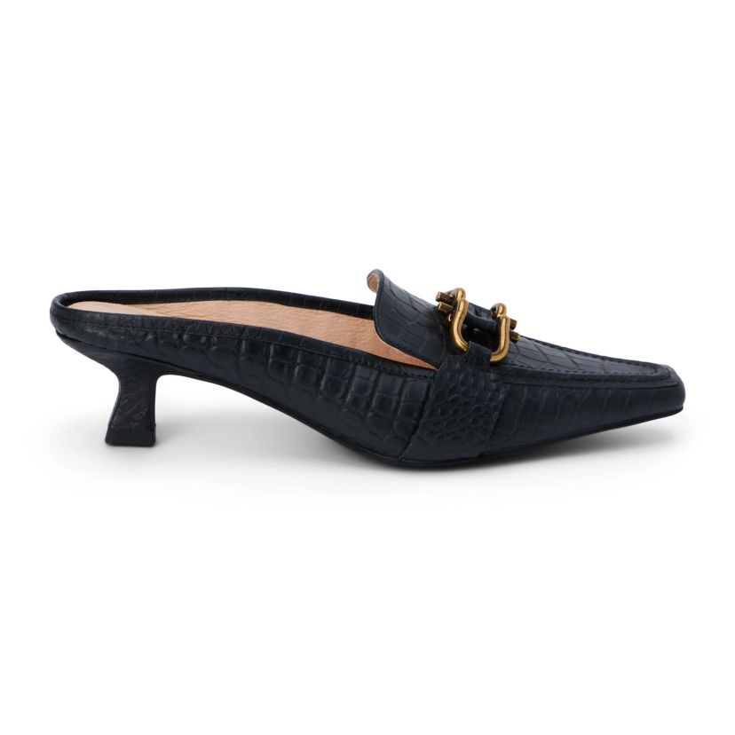 Pointed toe, kitten heel mule with hardware detail.