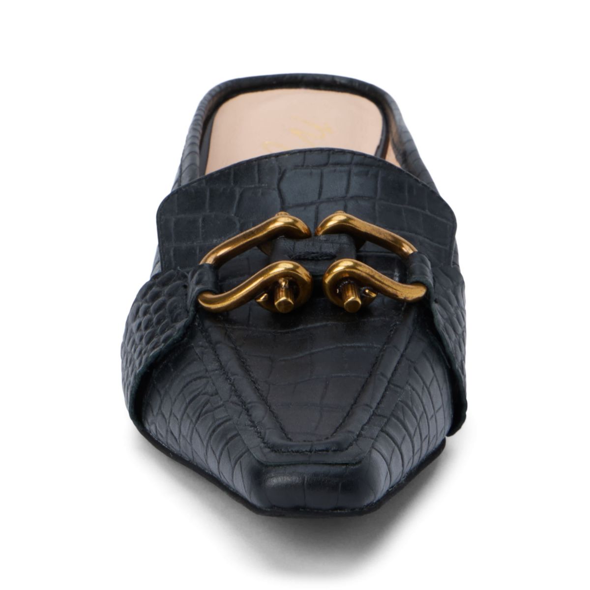 Pointed toe, kitten heel mule with hardware detail.