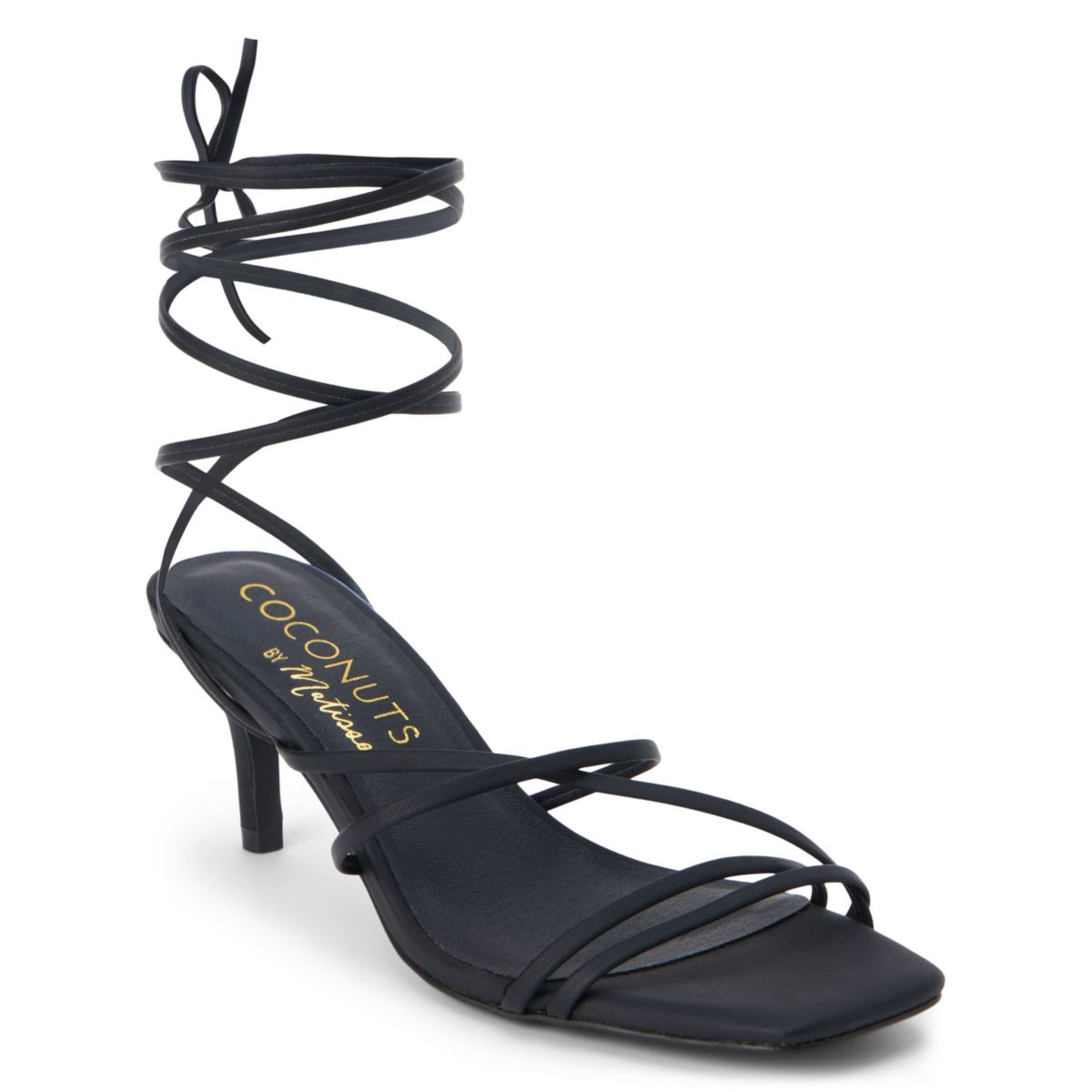 Vegan, strappy sandal with removable ankle tie.