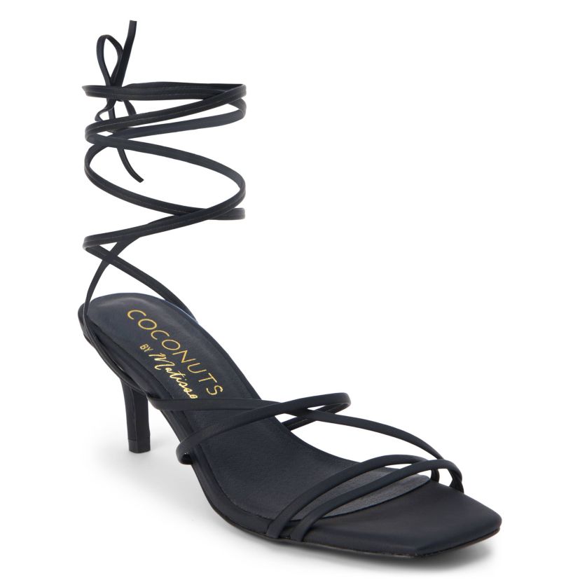 Vegan, strappy sandal with removable ankle tie.